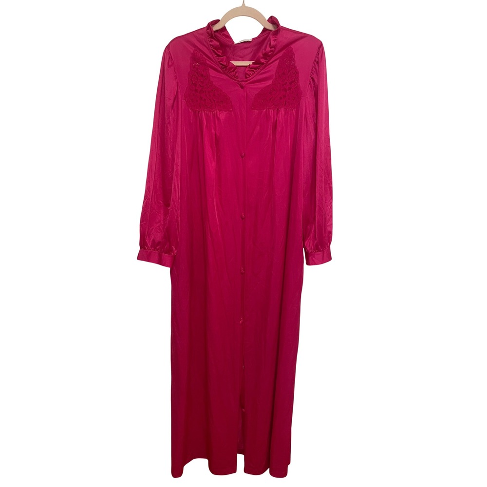 Vintage Lorraine Nightgown Robe Magenta Pink Lace Ruffle Button Front